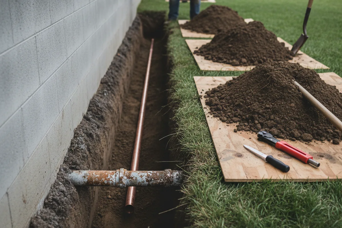 Excavated water line trench during Water Heater Repair in West Camp